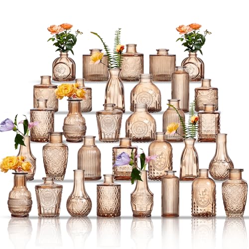 Glass Bud Vases Set of 32 - Amber Assorted Small Mini Glass Vases for Flowers, Crystal Vintage Vase Set, Bulk Centerpieces for Table Décor, Wedding, Home and Events (Amber, 32 Pcs) - color: Amber, size: 32 Pcs
