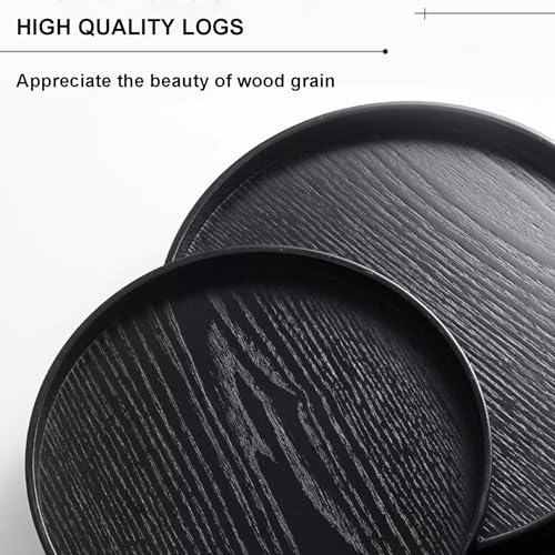 Round Wood Serving Tray, Solid Wooden Decorative Tray Non-Slip Tea Coffee Table Tray Snack Plate Food Meals Serving Tray with Raised Edges for Home Decor Kitchen Restaurant(10.6inch, Black) - size: 10.6"