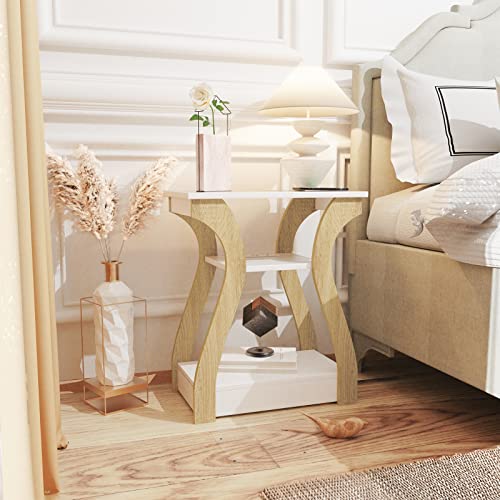 FROMJBEST End Table with Charging Station, Side Table with USB Ports and Outlets, Nightstand, 3 Tier End Table with Storage Shelf for Living Room, Bedroom (White) - color: White