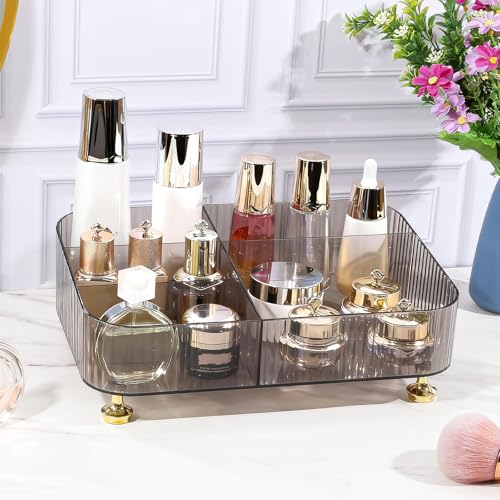 DASITON Makeup Organizer Countertop for Vanity, 5 Slots Makeup Brush Holder Organizer, Vintage Makeup Perfume Tray Cosmetic and Skincare Organizers for Bedroom Bathroom Counter, Desk Storage (Grey) - color: Grey