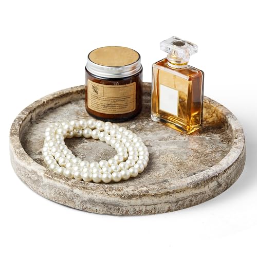 Round Marble Vanity Tray, Gray Travertine,Natural Marble Stone Decorative Tray for Counter, Bathroom, Kitchen, Dresser, Nightstand or Coffee Table, Home Decor(NS024) - color: Gray Travertine