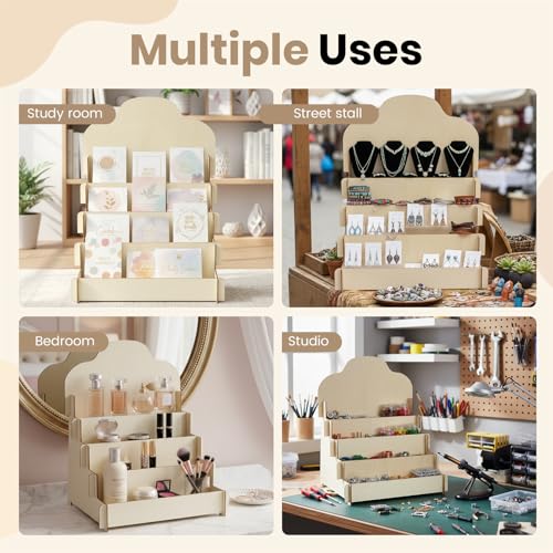 2 Pack 4-Tier Wooden Greeting Card Display Stand, Card Rack for Stickers, Postcards, Photos, Stationery, Small Products, Home Office Decor & Organizer, Lightweight for Vendor Booths, Craft Fairs
