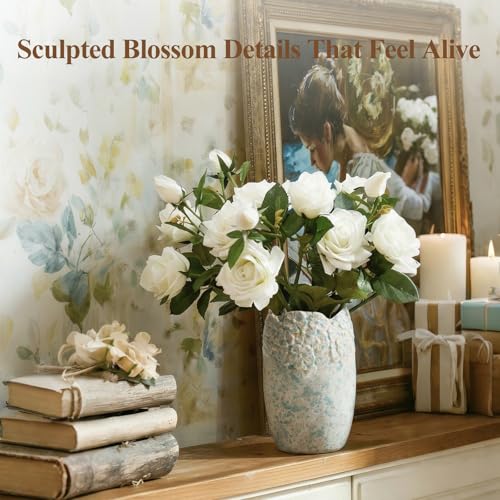 BEAHOT Ceramic Vases Set of 3 – 6.7-inch Handmade Blue & White Pottery Trio with Speckled Glaze – Decorative Flower Vases Home Decor for Table Mantel Entryway Shelf Living Room Kitchen Bathroom - size: Blue White 3 set