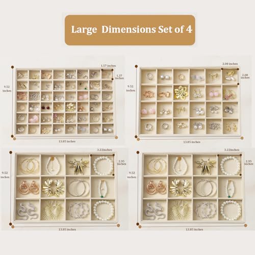 Large Jewelry Drawer Organizer Trays Set of 4, Stackable Velvet Jewelry Trays Organizer Holder Display Storage Showcase for Earring Necklace Bracelet Ring Accessary (Beige, 12+12+24+48 Grids) - color: Beige, size: 12+12+24+48 Grids
