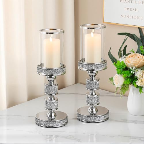 13.5" Tall Pillar Candle Holder with Wind Proof, Metal Hurricane Holders, Crystal Candle Holders for Table Centerpieces, Home Decor, Wedding, Dining Table (2, Silver, Medium) - color: Silver, size: Medium