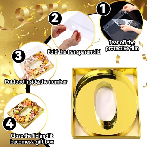 SiliFine 12" Charcuterie Number Shaped Mache with Clear Lid Fillable Sweets Serving Trays Paper Mache Cupcake Candy Box for 2025 Graduation Party Graduation Celebration(Gold,Number 0) - color: Gold, style: Number 0