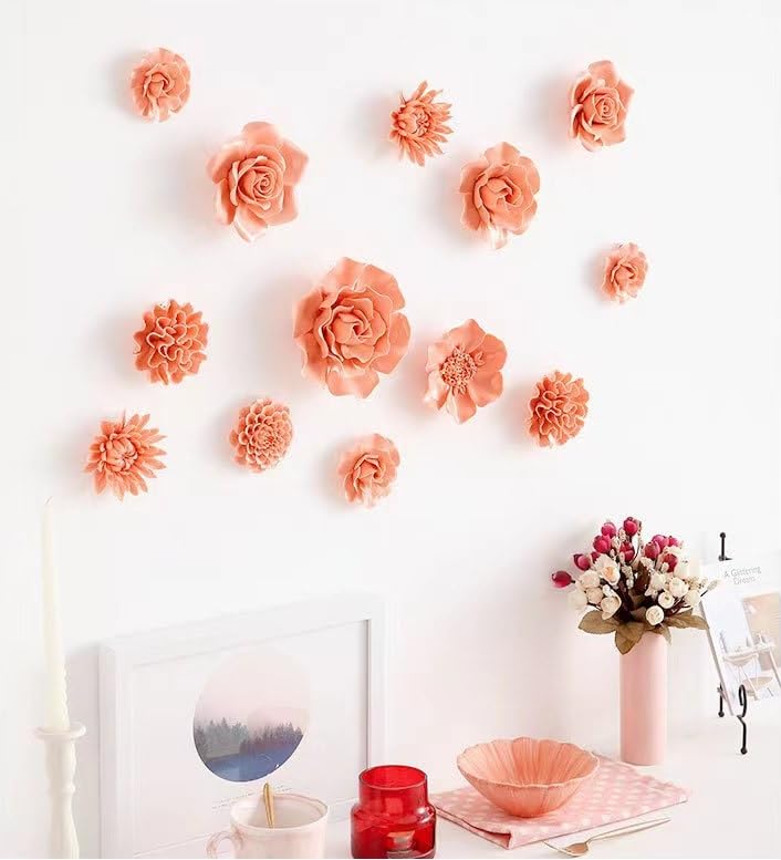 AMERRY 3.35" Ceramic 3D Flower Wall Art, Porcelain Chrysanthemum Wall Decor for Home Office Decor (Orange Pink) - color: Pink