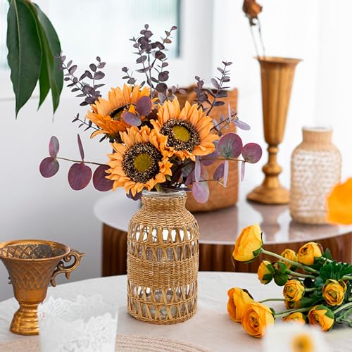 Straw Woven Glass Vase 6.29''x1.77''x3.15''Boho Glass Flower Vase Country Rustic Style Vase Glass Vase for Floral Arrangements Housewarming Party Home Decor (C Style 6.29IN) - size: 6.29IN
