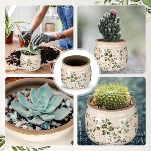 Vintage Planter Large Ceramic Plants Pot Green Pink Pastoral Floral Ice Crack Cottage Scroll Vase Flower Vase Pot Indoor Plants Home Kitchen Decor Farmhouse Antique Decorative Gifts - color: Beige Green, size: Pastoral Floral