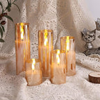 Eywamage 5 Pack Gold Glass Flameless Candles with Remote, Flickering Slim Tall LED Pillar Votive Candles Battery Included - color: Gold