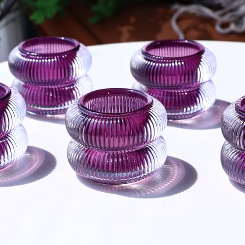 Woho Ribbed Votive Candle Holders Set of 6 for Wedding Decor, Vintage Tealight Candle Holder for Halloween/Thanksgiving, Glass Tea Lights Candle Holder for Dinner Table (Purple, 2.1" H X 2.75" D) - color: Purple