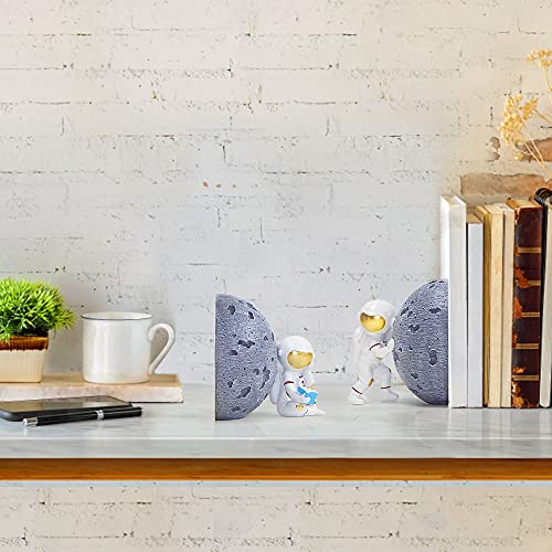 Heavy Duty Astronaut Bookends, Space-Themed Book Ends for Kids Room & Nursery Decor, Gray Moon Book Stoppers to Hold Books, Decorative Bookends for Shelves, Ideal for Boys and Girls - color: Gray