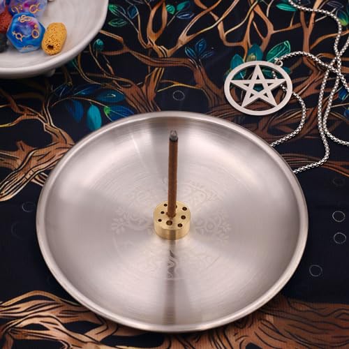 5.5inch Altar Ritual Plate Dish Stainless Steel Flat Bowl Round Metal Jewelry Tray Prayer Astrology Tarot Offering Plate Ring Trinket Holder for Smudging Decoration Trays Silver (Tree of Life Silver) - color: Tree of Life Silver