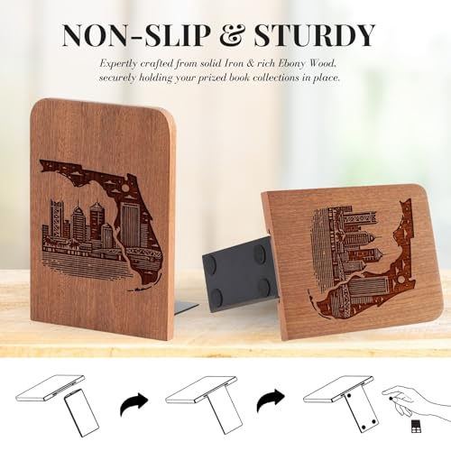 Florida Gifts for Women Men, Florida Themed Souvenirs - Heavy Duty Iron & Ebony Wood Book Ends for Shelves Bookcase Desk - 1 Pair, 4.72x6.69 Inches - Cityscape - color: Cityscape