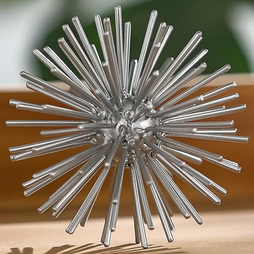 Silver Sphere Decor, Metal Starburst Tabletop Sculpture Decor, Mid-Century Modern Metal Starburst Centerpiece, Spike Ball Decoration for Home, Coffee Table Decor - color: Silver-starburst-4.2"