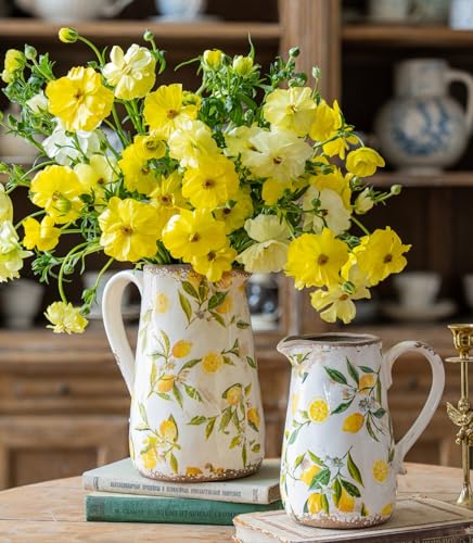 Vintage Lemon Ceramic Vase with Handle, Retro Ice Glazed Crack Farmhouse Pitcher Vase for Home Decor, Living Room, Shelf, Office, Rustic Table Centerpiece 7 Inch - color: Lemon, size: Small Pitcher