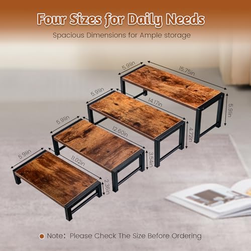 NANXITU 4 Pcs Wood Risers Display Stand, 4 Tier Cupcake Holder with Metal Frame Wooden Risers for Table Display, Perfume Collectibles Organizer Shelf, Tiered Riser for Vendors, Buffet Risers for Food Desserts Party Decor