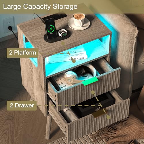 JOONEE Nightstand with Charging Station and LED Lights,Modern Bedside Table with 2 Storage Drawer and Open Wood Shelf, for Bedroom and Small Spaces,Night Stand with Solid Wood Legs,GreyOak - color: Greyoak
