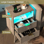 JOONEE Nightstand with Charging Station and LED Lights,Modern Bedside Table with 2 Storage Drawer and Open Wood Shelf, for Bedroom and Small Spaces,Night Stand with Solid Wood Legs,GreyOak - color: Greyoak