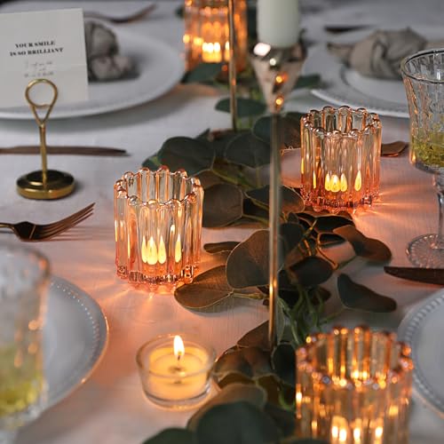 HAVITI Glass Gold Votive Candle Holder, Ribbed Votive Candle Holders Set of 12, Tealight Candle Holder for Wedding Centerpieces Dinner Party Table Decor - color: Gold
