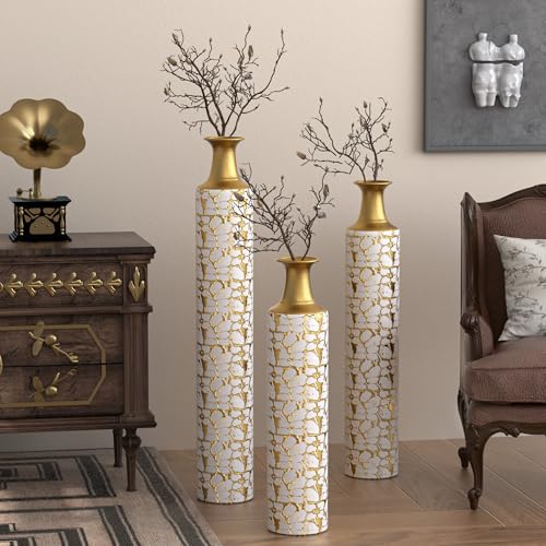 Floor Vases, Tall Home Decor Metal Vase Set of 3 Large Glazed Decorative Vases for Wedding Decor, Elegant Modern Flower Holder for Living Room, Entryway, Hallway, Dining Room - color: Pebble Ivory Gold