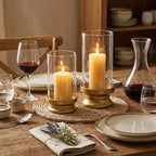 Gold Hurricane Candle Holders Set of 2 with Glass - Modern Pillar Candle Stands for Fireplace Mantel, Dining Table Centerpiece & Home Decor, 7.1" & 9" High