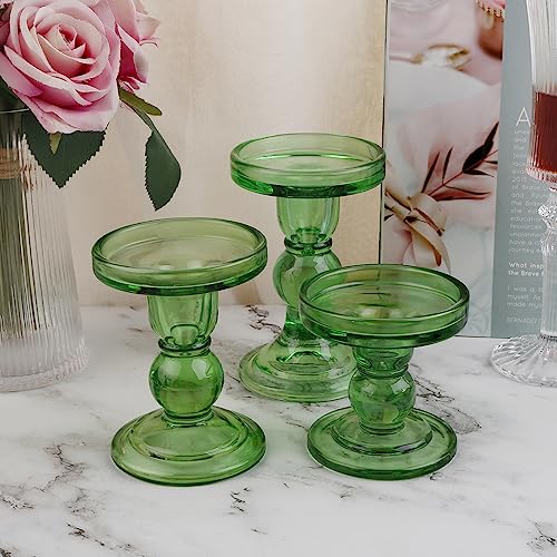 6-Piece Set of Green Glass Candlestick, Crystal Candlestick Holder Holder and Conical Candle, Christmas Candle Holder Decoration, Family Living Room Wedding Candle Holder (green2sets) - color: Green2sets