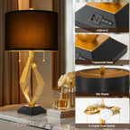 Sculptural Table Lamp Set of 2 with USB Ports For Living Room, Gold Leaf Finish Farmhouse Bedside Lamps with S Cluster Pull Chains Switch for Bedroom, Rustic Nightstand Lamp for Office, Hotel, Bar - size: 26 inches Gold Leaf -029