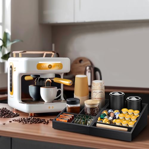 MINCORD Coffee Station Organizer Coffee Condiment Service Tray with 9 Compartment for Counter, Wood Coffee Bar Supplies Organizer for Home Office Breakroom Two-in-One Black