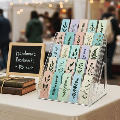 Bookmark Display Stand for 2.5''Bookmark, 5 Tier 25 Pockets Clear Acrylic Sticker Holder for Vendor Events Retail, Portable Stamp Display Shelf Rack