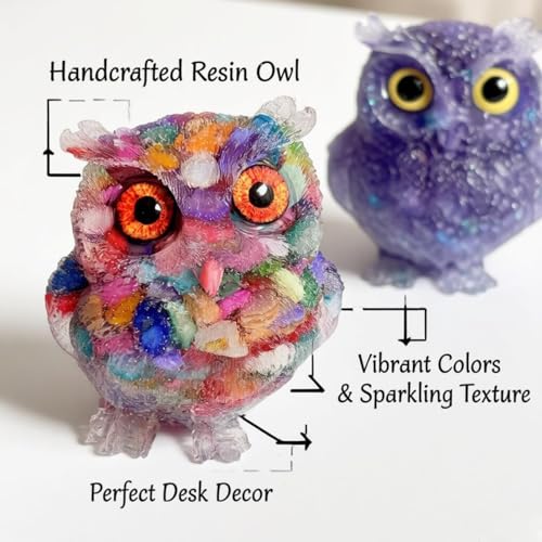 OwMell Owl Statue Tumbled Stone Gemstone Owl Figurine Home Decor Shelf Decor 2.5" - Rainbow - color: Rainbow