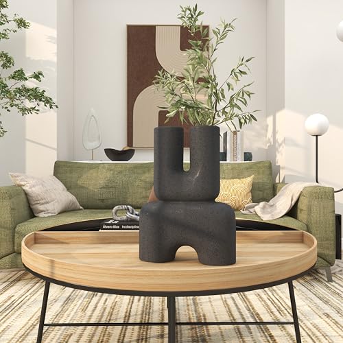 Deco 79 Ceramic Abstract Dual Opening U-Shaped Vase with Glossy Speckled Texture, 11" x 4" x 15", Black - color: Black