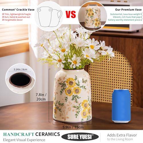 for Mom from Daughter or Son, Sunflower Green & Beige Ceramic Vintage Vase 7.8”, Yellow Cottage Core Floral Centerpiece Vase, Cute Rustic Decor for Living Room, Bedroom, Kitchen - color: Yellow Sunflower - 002