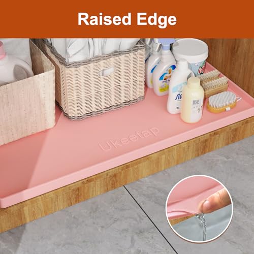 ukeetap Extra Thick Silicone Mat Waterproof with Raised Edge 34" x 22", Under Sink Mat for Kitchen & Bathroom, Kitchen Cabinet Liner, Multi-Purpose for Storage & Protection, Pink - color: Pink, size: 34" x 22"