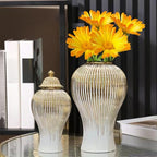 Ginger Jar, White Gold Ceramic Vase Large Handmade Porcelain Vases with Lid, White Gold Decorative Flower Vase for Home, Living Room, Weddings, Centerpieces (B-Medium) - size: B-Gold-Medium