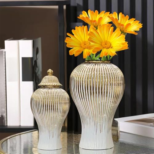 Ginger Jar, White Gold Ceramic Vase Large Handmade Porcelain Vases with Lid, White Gold Decorative Flower Vase for Home, Living Room, Weddings, Centerpieces (B-Medium) - size: B-Gold-Medium