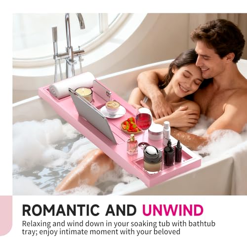 Foldable Bathtub Caddy Tray, Bamboo Bath Tub Tray Table for Tub with Wine Glass Holder Book Phone Tablet Holder with Extending Sides, Adjustable Bathroom Bathtub Free Soap Holder Gift Idea (Pink) - color: Pink