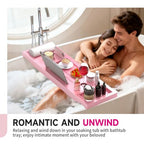 Foldable Bathtub Caddy Tray, Bamboo Bath Tub Tray Table for Tub with Wine Glass Holder Book Phone Tablet Holder with Extending Sides, Adjustable Bathroom Bathtub Free Soap Holder Gift Idea (Pink) - color: Pink