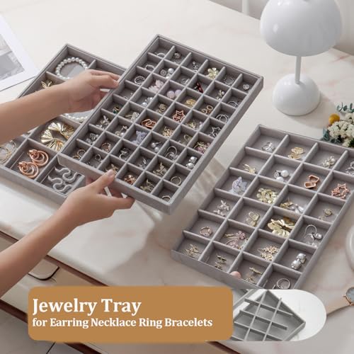 Large Jewelry Drawer Organizer Trays Set of 4, Stackable Velvet Jewelry Trays Organizer Holder Display Storage Showcase for Earring Necklace Bracelet Ring Accessary (Gray, 12+12+24+48 Grids) - color: Gray, size: 12+12+24+48 Grids