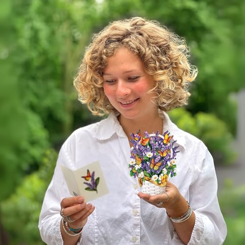 Freshcut Paper Pop Up Cards, Mini Lavender & Butterflies, 6 Inch Life Sized Forever Flower Bouquet 3D Popup Greeting Card, Birthday Cards, Thank You Card, Blank Notecard & Envelope - color: Lavender & Butterflies, size: Mini