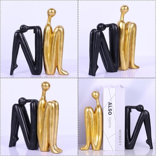 Heavy Bookends for Heavy Books – Modern Decorative Book Ends Thinker Statue, Creative Bookends Book Stopper for Shelves, Abstract Sculpture Bookshelf Desk Decor for Home Office (Black and Gold) - color: Black Gold