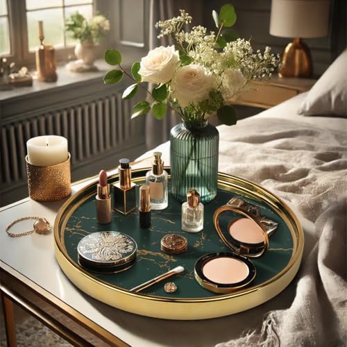 Ceramic Vanity Tray for Bathroom, Jewelry, and Makeup – Decorative Organizer Tray for Countertops, Dresser, or Sink – Elegant Green Round Design, Durable & Stylish Storage Solution - color: Green, size: 10.2"