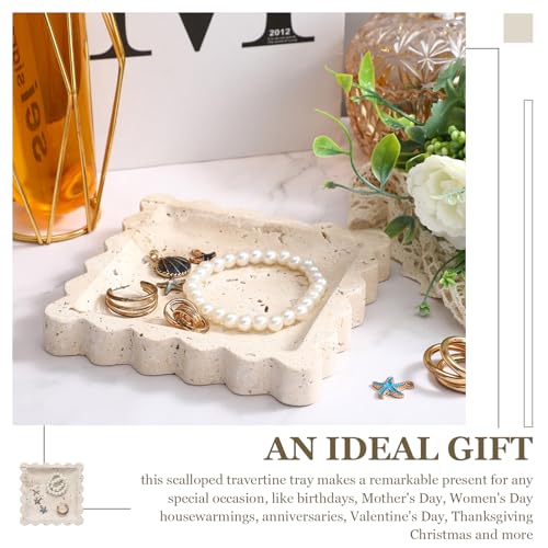 Threehoney 5.5 Inch Small Travertine Scallop Edge Stone Tray Marble Jewelry Dish Trinket Tray for Women, Perfume, Coffee Table(Square) - style: Square