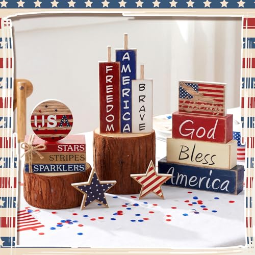 Vercraft 11 Pcs 4th of July Decorations Patriotic Memorial Day Tiered Tray Decor Set Blue Red White Table Centerpieces Sign for Independence Day Office Tiered Tray Home Shelf 250th Anniversary - style: Patriotic