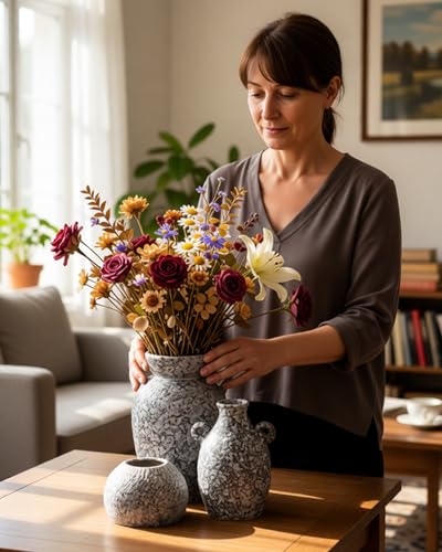 Stone Vase Home Table Decor, Black Ceramic Modern Rustic Farmhouse Vase Set of 3 Centerpiece for Shelf Bedroom Bathroom Desk - color: 16 Black & White