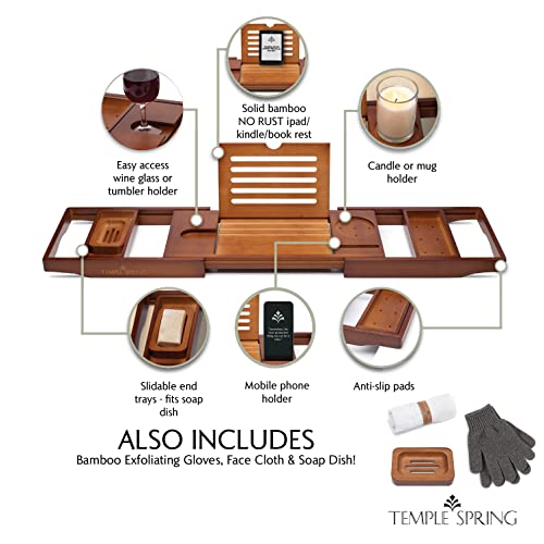 Temple Spring Bamboo Bathtub Tray Caddy for Tub — Expandable Wood Bath Tray with Solid Book Stand Wine Holder and Non-Slip Pads — Includes Bamboo Soap Dish and Spa Accessories — Luxury Bath Gift Set - color: Brown