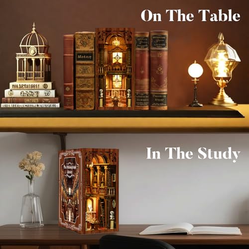 Book Nook Kit with Dust Cover & Stickers, Dust Cover, Bookshelf Insert Decor for Birthday, 3D Wooden Bookends Puzzle, Miniature Dollhouse Kit for Adults, Teens, Beginners（Philosophical Library） - style: Philosophical Library