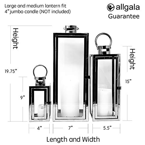 Allgala 3-PC Lantern Set 23 Inch Jumbo Deluxe Modern Indoor/Outdoor Candle Lantern Set Stainless Steel Frame Tempered Glass Rectangular Black for Garden Poolside Fireplace Wedding - color: Cuboid Black