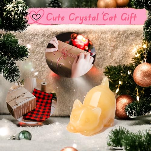 2" Yellow Topaz Cat Crystal Statue Figurines for Healing Crystals Spiritual Stone Sculpture Lazy Cute Carved Natural Gemstones Home Office Statue Decor Cat Lover Gifts for Women Lovers - color: Yellow-topaz