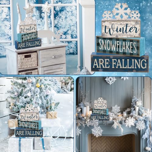 Yuntau 6 Pcs Winter Snowflakes Table Decorations Christmas Snowflake Centerpieces for Tables Winter Tiered Tray Decor Rustic Wood Snow Sign Farmhouse for Wonderland Party Kitchen Shelf Home - style: Snowfake